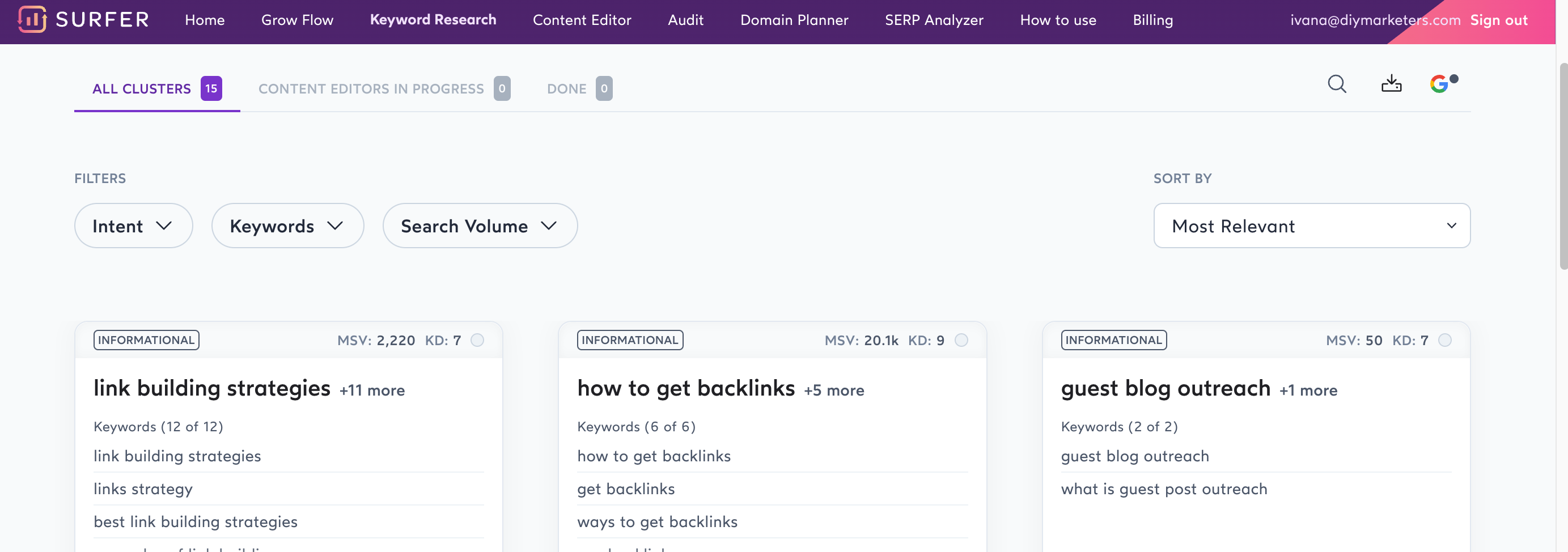 Surferseo search volume page for target keyword includes keyword difficulty, monthly search volume keyword research tools